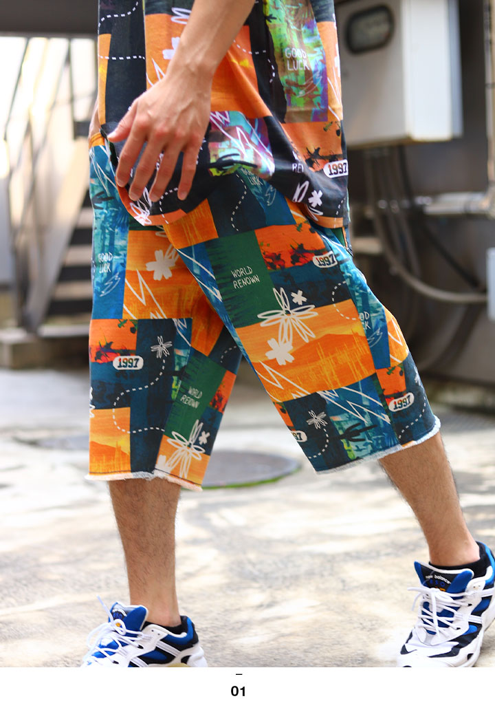 Staple ハーフパンツ メンズ 春夏用 オレンジ 大きいサイズ ステイプル 柄パンツ ジーパン Gパン デニムパンツ ゆったり 太め パンツ バギー パンツ 極太 おしゃれ かっこいい 総柄 派手 花柄 B系 ヒップホップ ファッション ストリート系 ブランド 21夏 新作 2104c6507