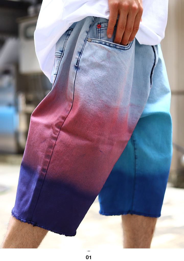 Staple ハーフパンツ メンズ 春夏用 デニム 大きいサイズ ステイプル 柄パンツ ジーパン Gパン デニムパンツ ゆったり 太め パンツ バギー パンツ 極太 かっこいい 総柄 派手 グラデーション B系 ヒップホップ ファッション ストリート系 ブランド 21夏 新作 2104d6495