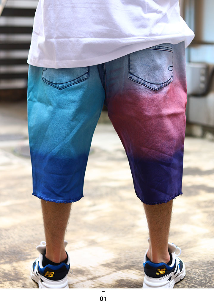 Staple ハーフパンツ メンズ 春夏用 デニム 大きいサイズ ステイプル 柄パンツ ジーパン Gパン デニムパンツ ゆったり 太め パンツ バギー パンツ 極太 かっこいい 総柄 派手 グラデーション B系 ヒップホップ ファッション ストリート系 ブランド 21夏 新作 2104d6495