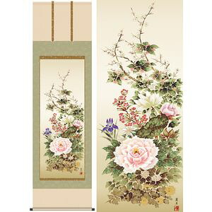 名花繚乱／めいかりょうらん　尺八　幅54.5&times;高さ約190cm　吉井蘭月／よしいらんげつ　季節飾り　花鳥画　年中掛け 掛け軸 掛軸 [20]｜本家屋
