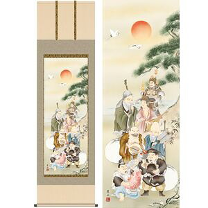 七福神／しちふくじん　尺八　幅54.5&times;高さ約190cm　緒方葉水／おがたようすい　慶事飾り　縁起画　七福神 掛け軸 掛軸 [2｜本家屋 17,807円