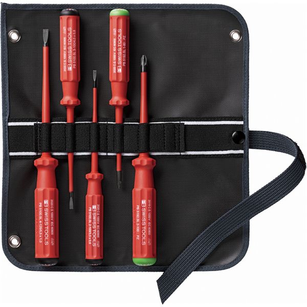 PB SWISS TOOLS ピービースイスツールズ 5本組 スイスクラシック スリムハンドルタイプ 絶縁ドライバーセット(マイナス・ポジマイナス) ロールケース付 5543.SUSLGY[21]