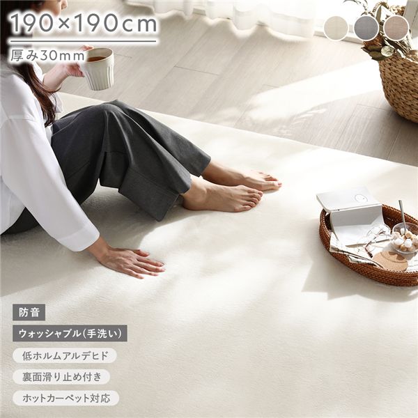 もっちり 防音 ラグ 約190×190cm アイボリー ウレタン フランネル 滑り止め加工 ズレにくい 手洗いOK 洗える ウォッシャブル ホットカーペット 床暖房可 ウレタン30mm厚 丈夫 オールシーズン 万能 肌触り ラグマット 絨毯 フロアマット ラグカーペット 敷物 リビング[21]