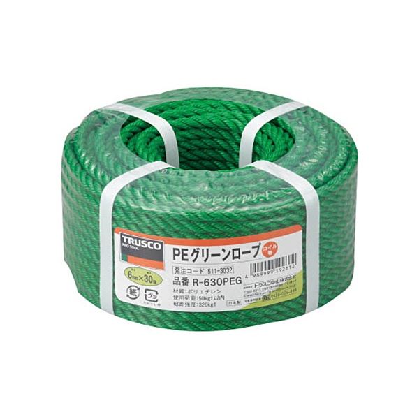(まとめ) TRUSCO PEグリーンロープ 6mm&times;30m コイル巻 R-630PEG 1巻 【&times;5セット】[21]｜本家屋