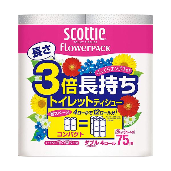 （まとめ）日本製紙クレシア スコッティ フラワーパック 3倍長持ち ダブル 芯あり 75m 1パック（4ロール） 【×10セット】[21]