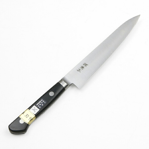 源 兼正 ペティ 両刃 150mm 全鋼 共口金付き 黒合板柄 本刃付仕様（長期在庫品）