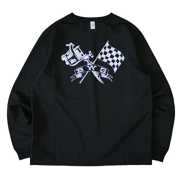 B.W.G ビーダブリュジー : 長袖チェッカーインク メッシュTシャツ Black