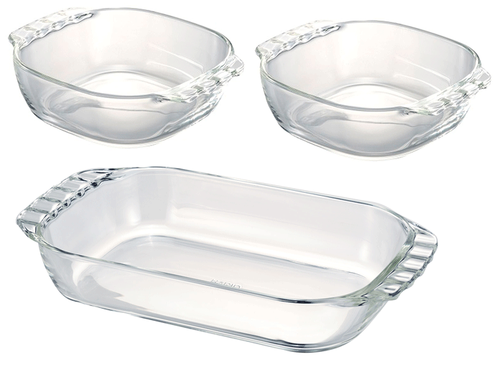 HARIO ハリオ耐熱ガラス製トースター皿3個セット 満水容量400ml、900ml日本製市販のトースターにも納まるサイズで、日常の朝食シーンやお菓子作り・オーブン料理にと幅広くお使いいただけます。画像