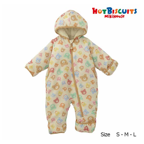 ●期間限定P11倍●ミキハウス ホットビスケッツ mikihouse カラフルビーンズ くま 総柄 中綿 ジャンプスーツ(S・M・L)赤ちゃん ベビー 防寒 男の子 女の子 出産 祝い ギフト アウター