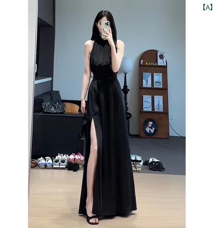 ロングワンピース シャツ ロング マキシ マキシワンピース きれいめ ドレス 陳 大 宇高級 ブラック ホルター ノースリーブワンピース 女性 2025 夏 フレンチスタイル スプリット ウエスト