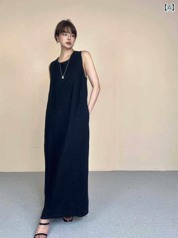 ロング衣装 プルオーバー ロング マキシ マキシ衣装 好いたらしいめ お召しもの フレンチ リネン うしろ側受け答え 細長い切口 ラウンドのど首 お召しもの ノースリーブ ロング か細い 夏 2025 し損ない ミミ