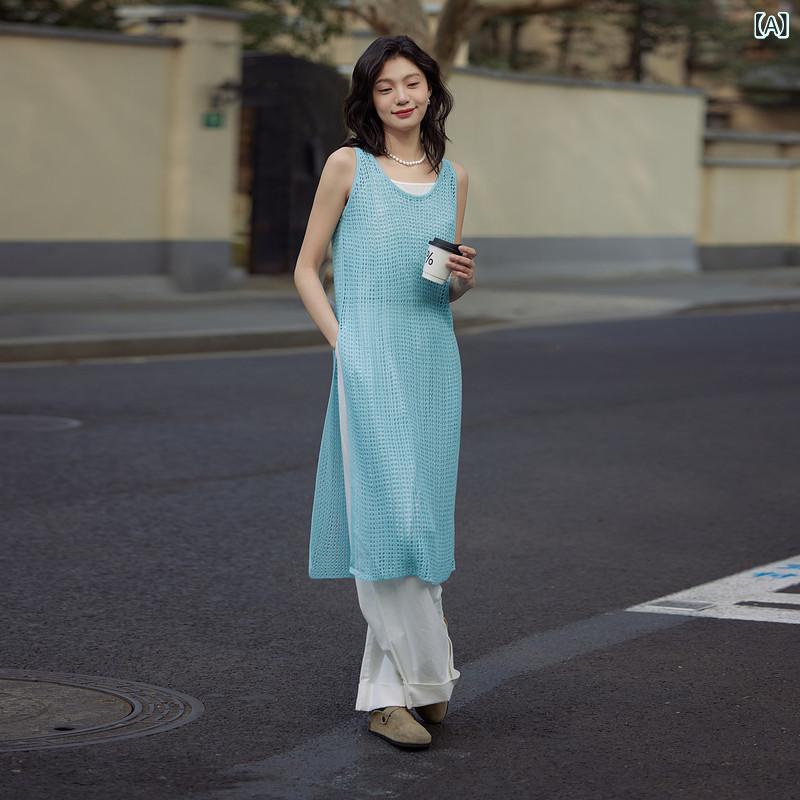 ロングワンピース シャツ ロング マキシ マキシワンピース きれいめ ドレス 韓国 サスペンダー ニット スカート 女性用 2025 春 レジャー ホリデー スタイル 裾 スリットドレス