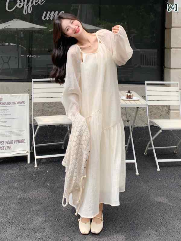 ニットワンピース 今季 春夏 マキシ丈 ロング 大人かわいい ニット かわいい きれいめ フレンチ ホロー ドレスに ニットカーディガンを 重ね 着 した 2025 春のの 優しい な 休日 ツーピース スーツ
