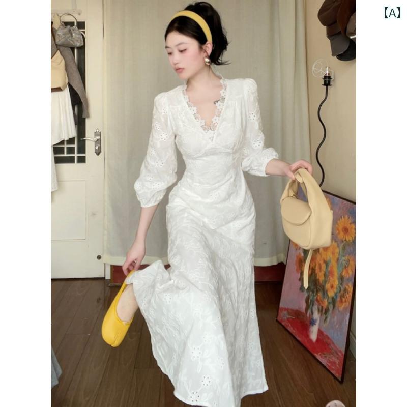 レディース ワンピース かわいい フランスの レトロ 高級 美しい 重厚な 刺繍の レースの ドレス ホワイト Vネック フィッシュ テール ロング スカート レディース 春|ホープ