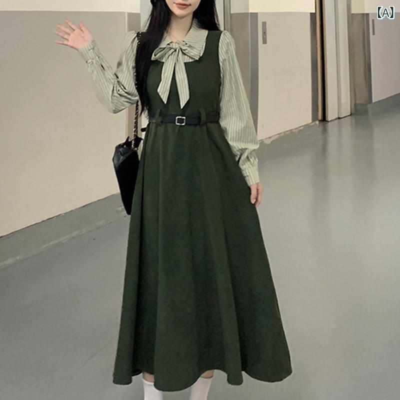 ニットワンピース 今季 春夏 マキシ丈 ロング 大人かわいい ニット かわいい きれいめ フレンチ レトロ ダーク グリーン カレッジ スタイル ドレス レディース 秋冬 大きいサイズ フェイク ツーピース 起毛 コーデュロイ ロング スカート