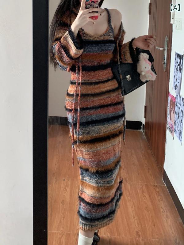 ニットワンピース 今季 春夏 マキシ丈 ロング 大人かわいい ニット かわいい きれいめ マイ ラード レトロ タイ ダイ ニット ワンピース レディース 秋冬 甘辛 ハイ コール シスター スタイル ウエスト ロング セーター スカート