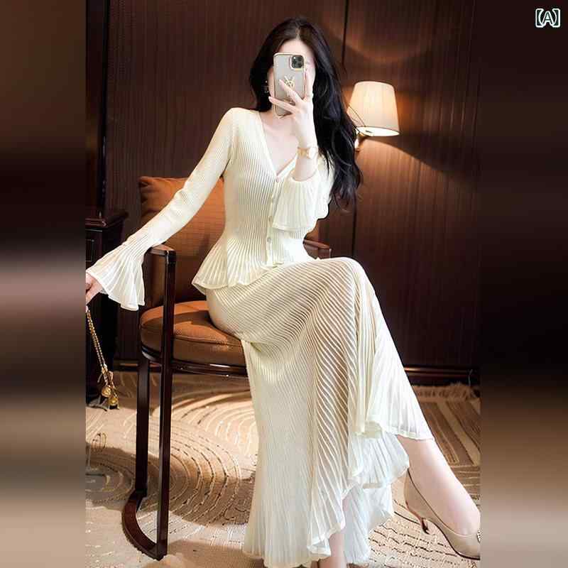 編み物衣装 今季 春夏 マキシ丈 ロング 成年者可愛らしい 編み物 可愛らしい 好いたらしいめ  秋 レディース 唐人笛 捩り 縞模様 編み物ジレー ロング フラウンス 魚肉 尻っ方 スコート 背広 御召しもの