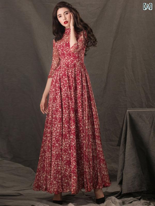 レディース ワンピース スタンドカラーの 花柄 シフォン ドレス 女性用 2024年 早春 七分袖 ウエスト スリム フレンチ ロング 夏