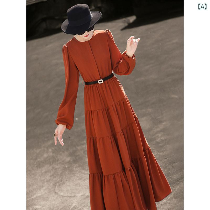 ワンピース シフォンワンピース レディース ロングワンピース シャツワンピース ワンピース シフォンワンピース レディース ロングワンピース シャツワンピース MC 欧米の レディース 春の 新型 エレガント ロング スカート ラウンドネック 長袖 ウエ|ホープ