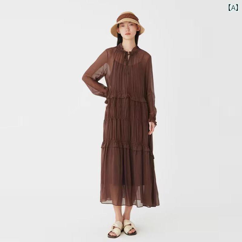 衣裳 シフォン衣裳 レディース ロング衣裳 ティーシャツ衣裳 衣裳 シフォン衣裳 レディース ロング衣裳 ティーシャツ衣裳 【 と 同じ 表現スタイル】 SHXYUE 日月  ローマン的 長袖 筋目 赤銅色