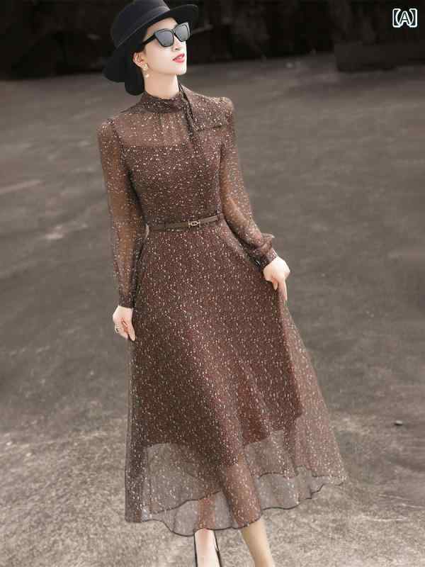 ワンピース シフォンワンピース レディース ロングワンピース シャツワンピース ワンピース シフォンワンピース レディース ロングワンピース シャツワンピース Lanser 春の エレガントな 流れるような 襟 長袖 ウエスト タイ レトロ 花|ホープ