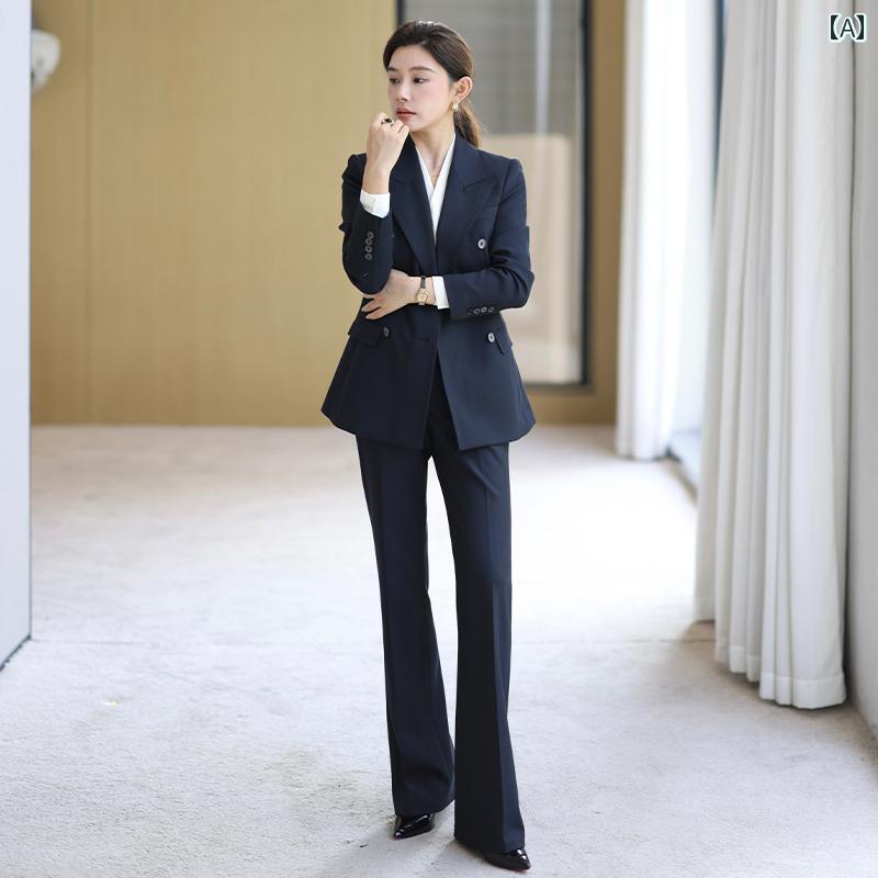レディーススーツ フォーマル セットアップ リクルートスーツ セレモニー 春秋 対応 ビジネス ネイビーブルー プロ スーツ 女性用 高級 フォーマル 作業着 ストレート パンツ