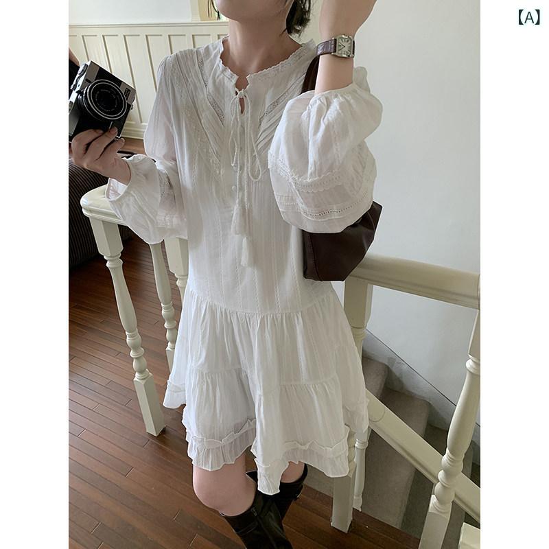ワンピ シャツワンピ ロング マキシ ELU Xuanxuan フレンチ 白いこと タッセル スピード競技 御召しもの レディース ゆったり 長袖 スコート