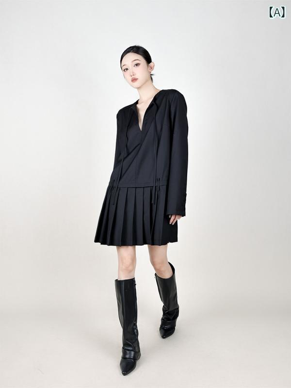 ワンピ シャツワンピ ロング マキシ BYLU フレンチ Vのど首 筋目 黒いこと 背広 御召しもの レディース 通い 御前上等 ゆったり 長袖 スコート