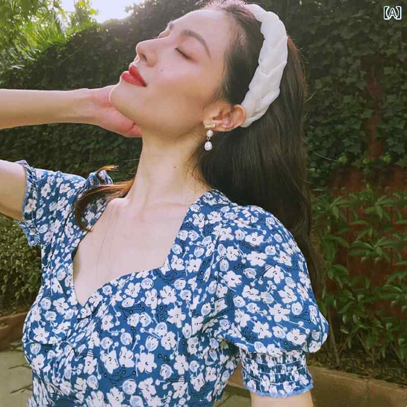 シャツワンピ シャツワンピ ロング マキシ マキシワンピース 中 楚 熙の 同じ レトロ ブルーの Vネックの 花柄 パフスリーブドレス 少し 魅惑的 サイドスリット ミドル 丈 ドレス 夏｜ホープ
