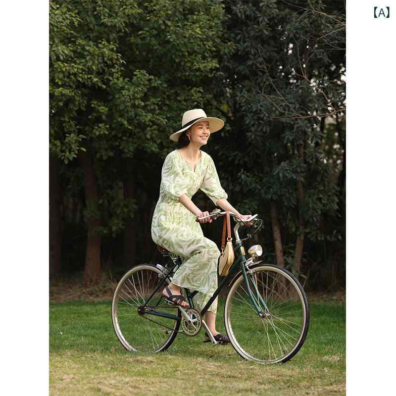 シャツワンピ シャツワンピ ロング マキシ マキシワンピース HeyDress フレンチ リーフ プリント ドレス 女性 夏 グリーン ウエスト 海辺 休日 スタイル ロング スカート