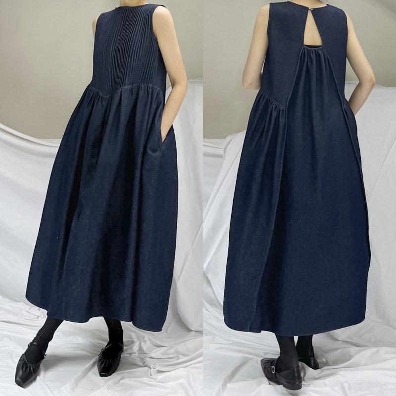 シャツワンピ シャツワンピ ロング マキシ マキシ衣装 クな アイデアの 朦々たる 綿織物 色合いジーンズ 出どころ ゆったり か細い ノースリーブお召しもの レディース 春夏