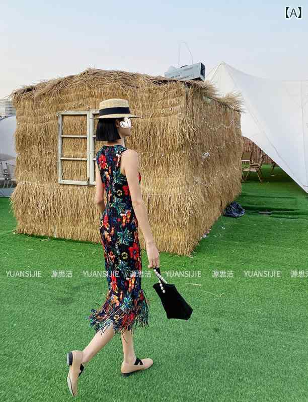 シャツワンピ シャツワンピ ロング マキシ マキシワンピース 千景 ハイエンド プリーツ ノースリーブベスト ドレス スタイル レトロ プリント レディース 夏の 底 スカート 12,419円