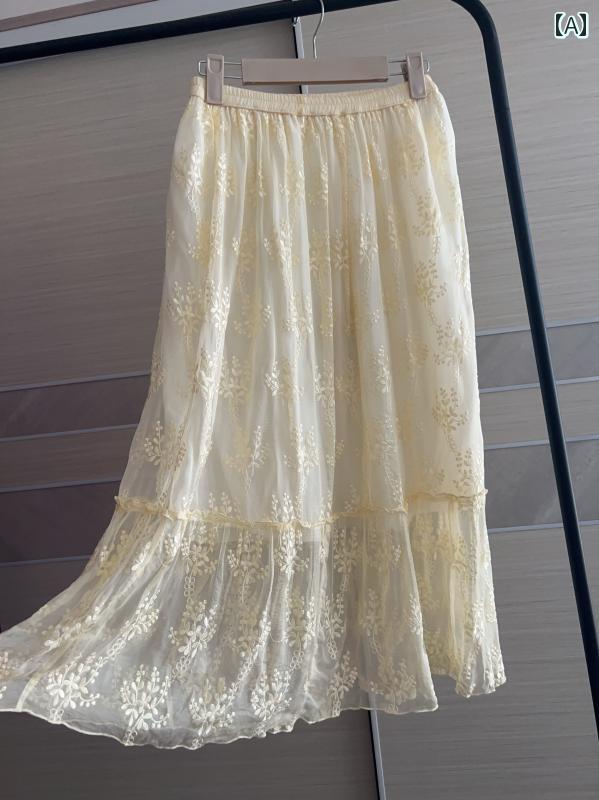 レディース ドレープ ジョーゼット 透け感 重厚な 刺繍の マルベリー シルクスカート レディース シルク ジョーゼット ミドル 丈 スイング aライン スカート ハイウエスト