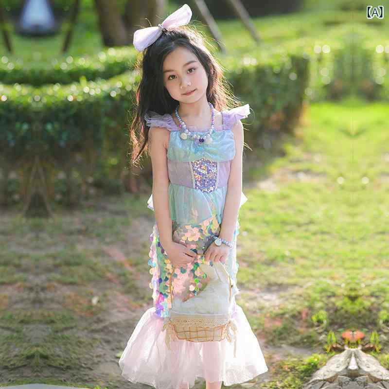 ワンピース マーメイド プリンセス キッズ 女の子用 アリエル プリンセス ドレス マーメイド 夏用 スパンコール フィッシュ テール ハロウィン 子供用 コスチューム マーメイドスカート