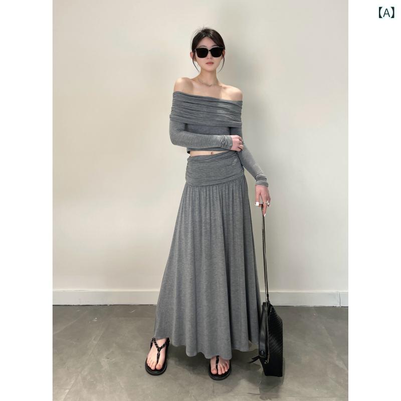 ダブルはりつけ台 前掛けスコート スコート ロング Zhiyuは 見目麗しいです。 ファースト 一肩肉 か細い相応う 長袖 編み物 ロング プリーツニットスカート 背広 レディース