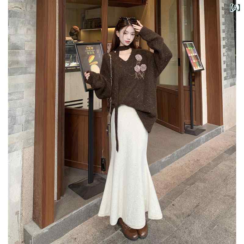 ダブルはりつけ台 前掛けスコート スコート ロング レトロ ハイエンドの Vのど首 シュロの葉 編み物 ティーシャツ スコート 背広 背広 春に 物のみごとにな 書き割り