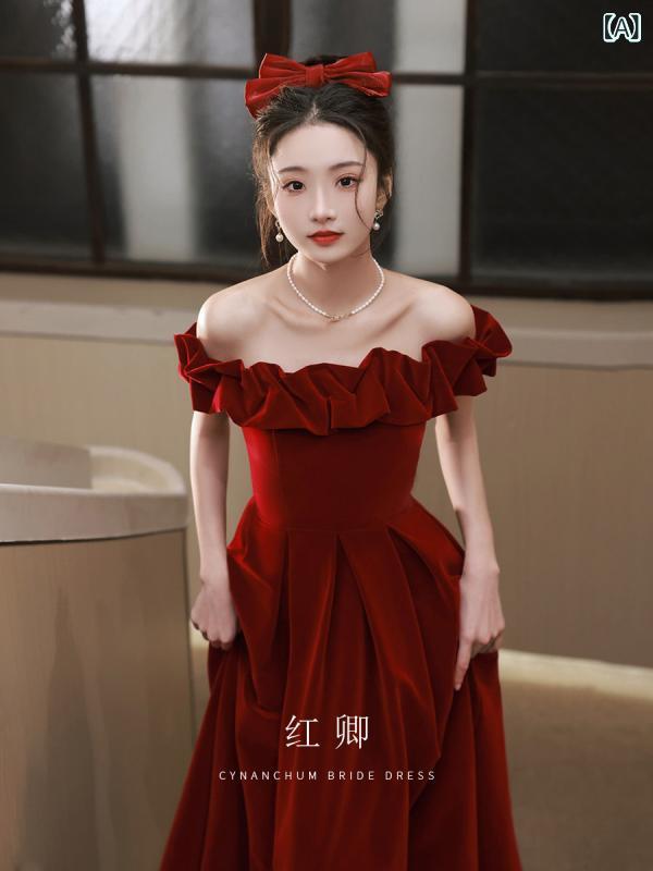 パーティードレス ロングワンピース ドレス ワンショルダー トースト ドレス 花嫁 2025 ベルベットの ハイエンド 小さい 家の 婚約 パーティー スカート 女性