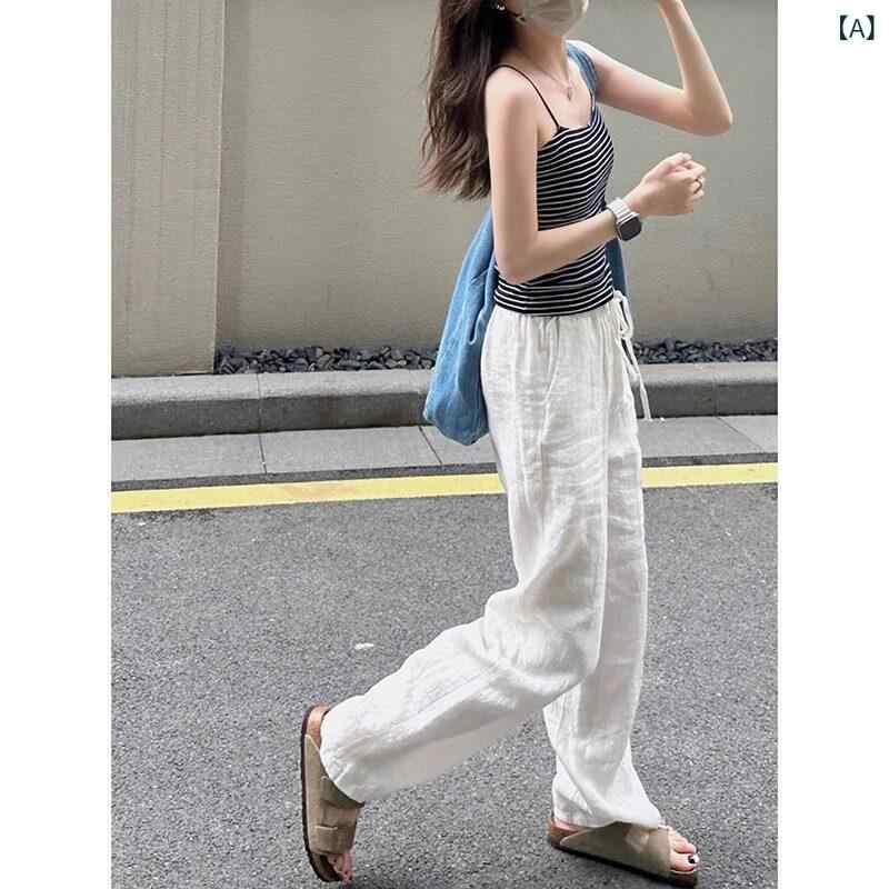 ワイドパンツ 体型カバー フレア とろみ ポンチ レディース ホワイト ワイド レッグ パンツ 夏の スリム スタイル ゆったり 日焼け防止 伸縮性の ある ハイウエスト ドレープ ドローストリング ストレート