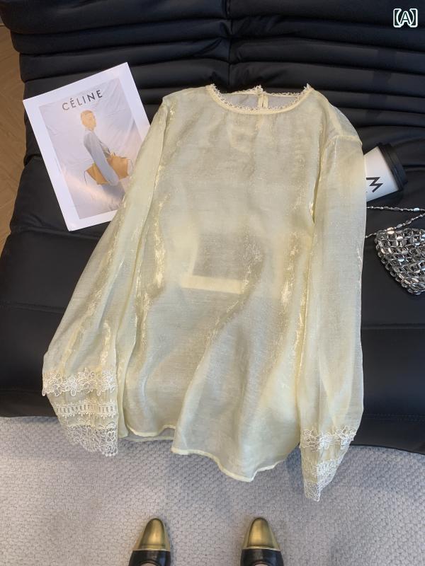 プリーツシャツ チュニック シフォン ブラウス 体型カバー 中国 ゆったり 刺繍 シャツ 女性 2025夏の 重い ビーズの スパンコールの レースの 日焼け防止 トップ