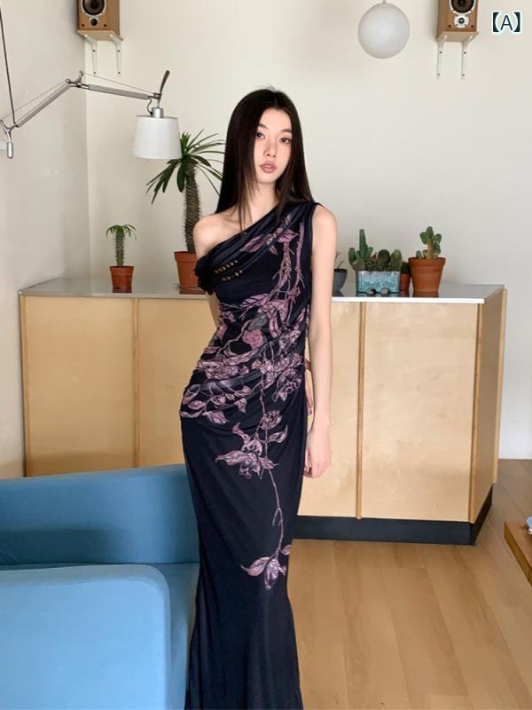 ワンピース シャツワンピ ロング マキシ パーティー リゾート チャイナ風 堕 天使 プリントの 伸縮性の ある スリムフィット 斜め 肩 フィッシュ テール スカート レディース 夏 ウエスト ロング ドレス