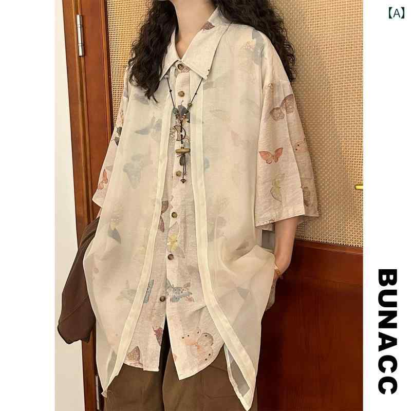 シアートップス UV シアー トップス 長袖 透け感 レース 涼しい メロウ BUNACC 2025 夏 アメリカン レトロ ニュー チャイナ 風 ガーゼ スプライシング バタフライ プリント 半袖 シャツ トップス レディース