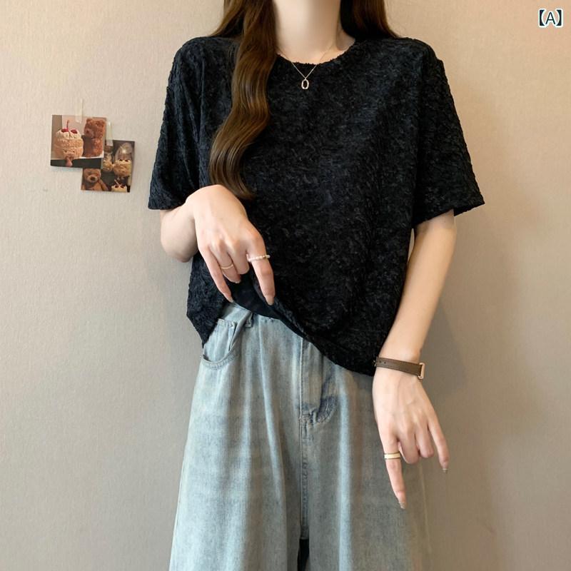 レディース トップス Tシャツ テクスチャ 加工の 汚れた 丸 首 半袖 Tシャツ 夏用 大きいサイズ 太めの mm ゆったり スリム おしゃれ の 商品 小さい シャツ トップ
