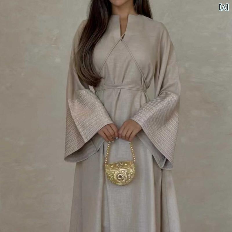 ブラウス ワンピ シャツワンピ ロング マキシ マキシワンピース 着痩せ 体型カバー Vネックの 刺繍の ドバイ トルコ ドレス ローブ ロング スカート レディース ムスリ