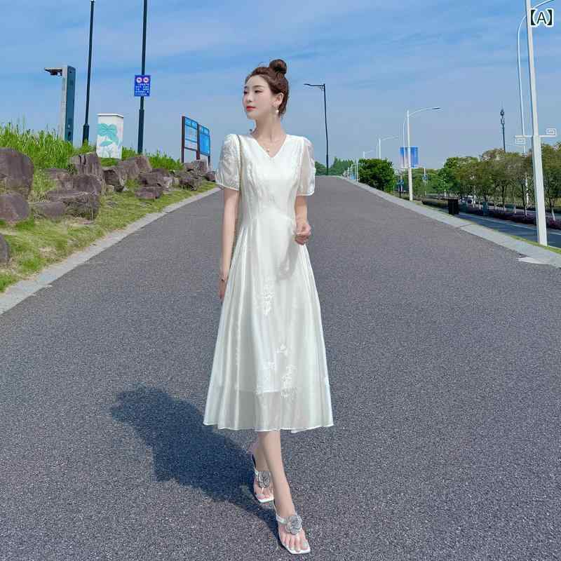 ワンピース ドレス ロングワンピ きれいめ シフォン マキシ 長袖 半袖 2025夏の 女性用 高級 Vネック ホワイト ドレス ウエスト スリム フレンチ フェアリー ロング スカート