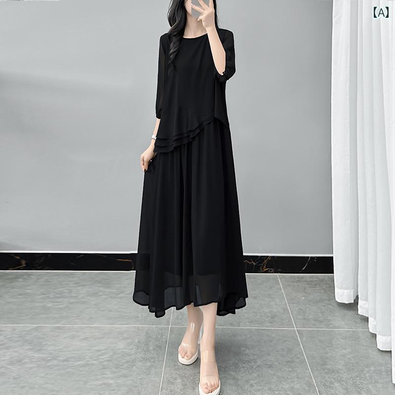ワンピース ドレス ロングワンピ きれいめ シフォン マキシ 長袖 半袖 高級 シフォンワンピース 夏 大きいサイズ レディース 服 肌を カバー ゆったり スリミング ウエスタン フェイク ツーピース スカート 女性用