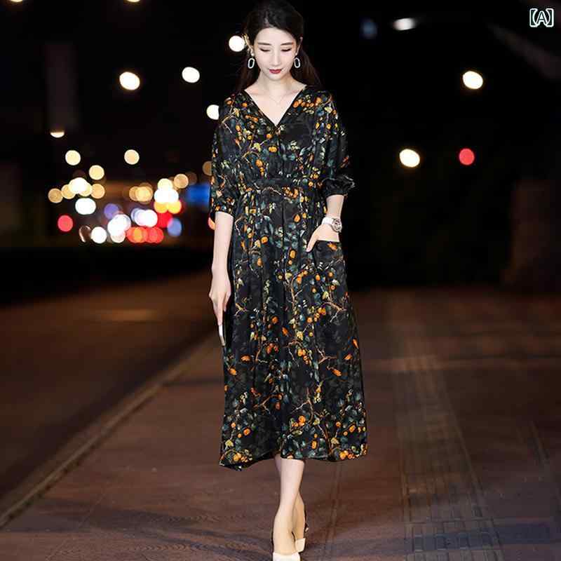衣装 ロングワンピ シフォンワンピ パフ捩り 太陽フレア衣装 春夏 半袖 長袖 花柄 甚だしい 絹地 マル木ノ実 絹地お召しもの 2025 夏 レディース 気が大きい大きさ 御前上等  ロング スコート