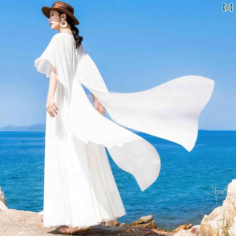 ワンピース ロングワンピ シフォンワンピ パフスリーブ フレアワンピース 春夏 半袖 長袖 レディース 白い フリル ショール ドレス レトロ Vネックの シフォン ロング スイング 旅行の 写真や 休暇の スカートに 最適