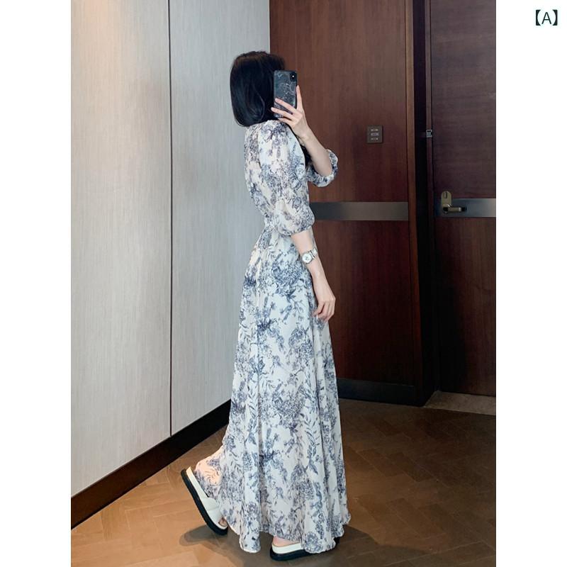 衣裳 ロングワンピ シフォンワンピ パフ衣袂 太陽フレア衣裳 春夏 半袖 長袖 Yuyu  春夏 ひと休み 韓国 薄墨色 青碧 花柄 シフォン 御召しもの ロング スコート 亭主もち 並み並み 丈