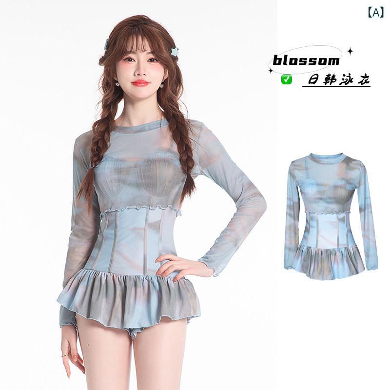 水着 レディース 体型カバー ビキニ ハイウエスト 韓国 ブロッサム スマッジ プリント 水着 女性 2024 ワンピース小 胸 カバー お腹 スリム 日焼け防止 長袖 ツーピース スーツ
