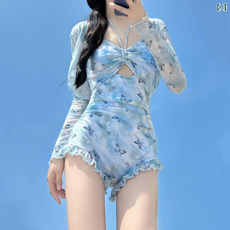 水着 レディース 体型カバー ビキニ ハイウエスト 韓国 夏の ホット ガール バタフライ プリント ワンピース 水着 女性用 デザイア 上級 保守的 長袖 スリム ホリデー